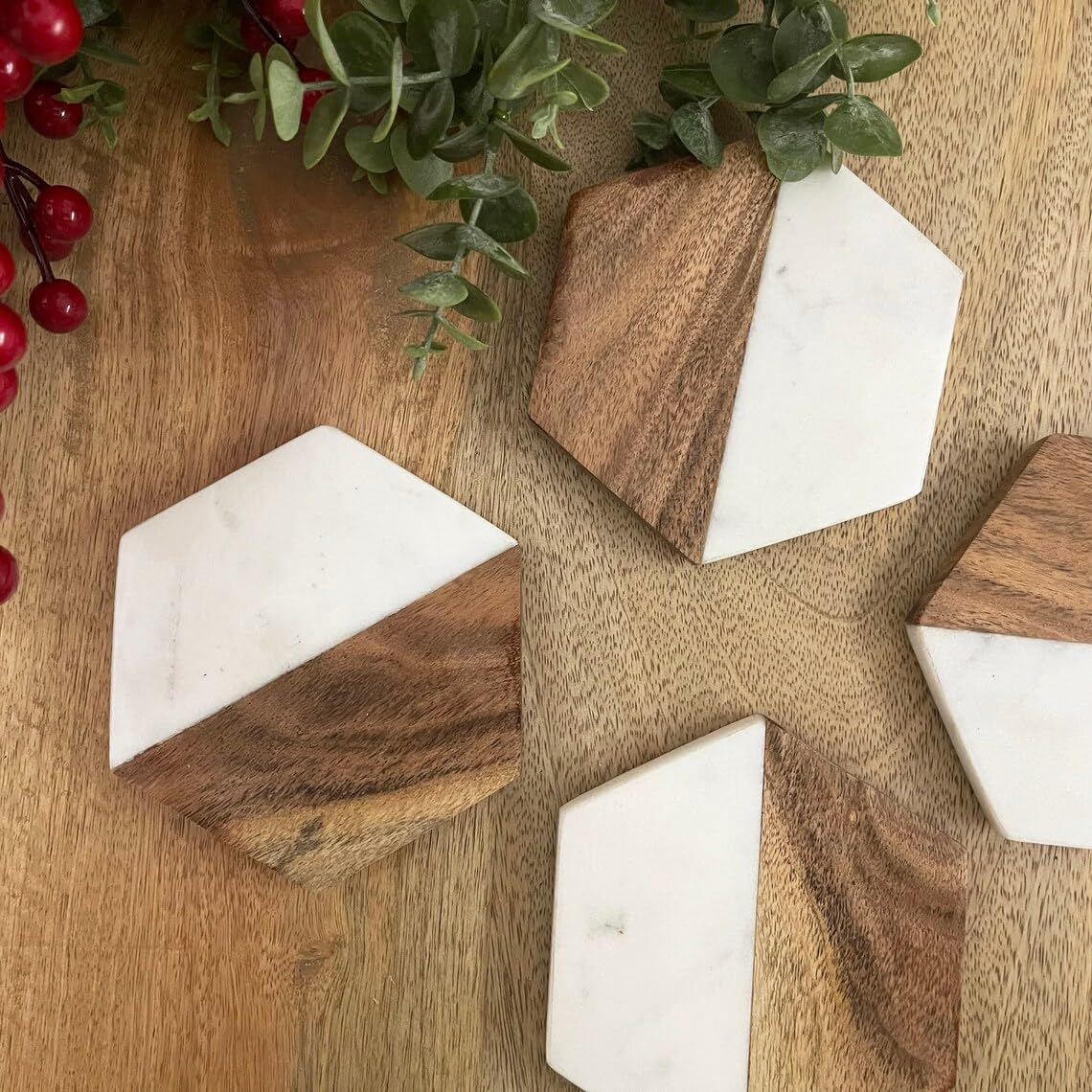 Personalize Marble & Wood Coaster | Hexagon and Square 4 pack
