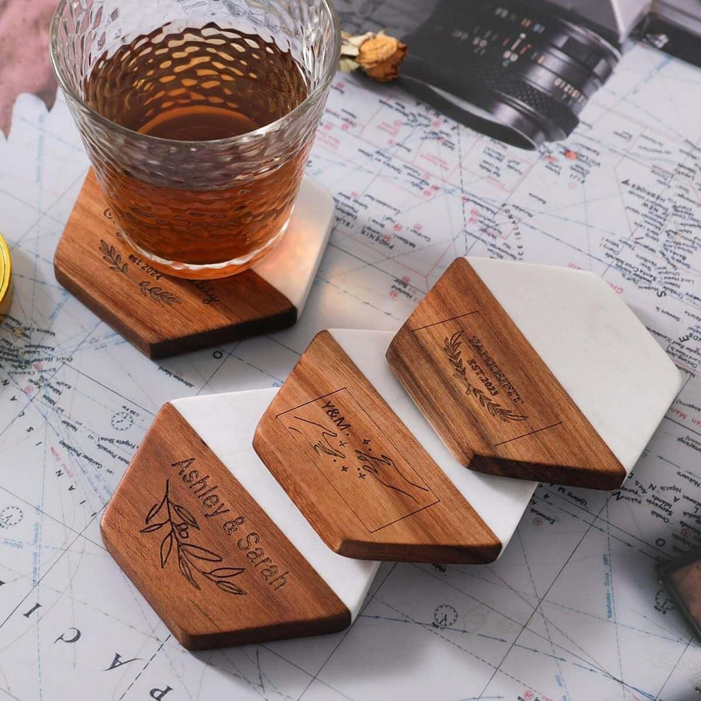 Personalize Marble & Wood Coaster | Hexagon and Square 4 pack