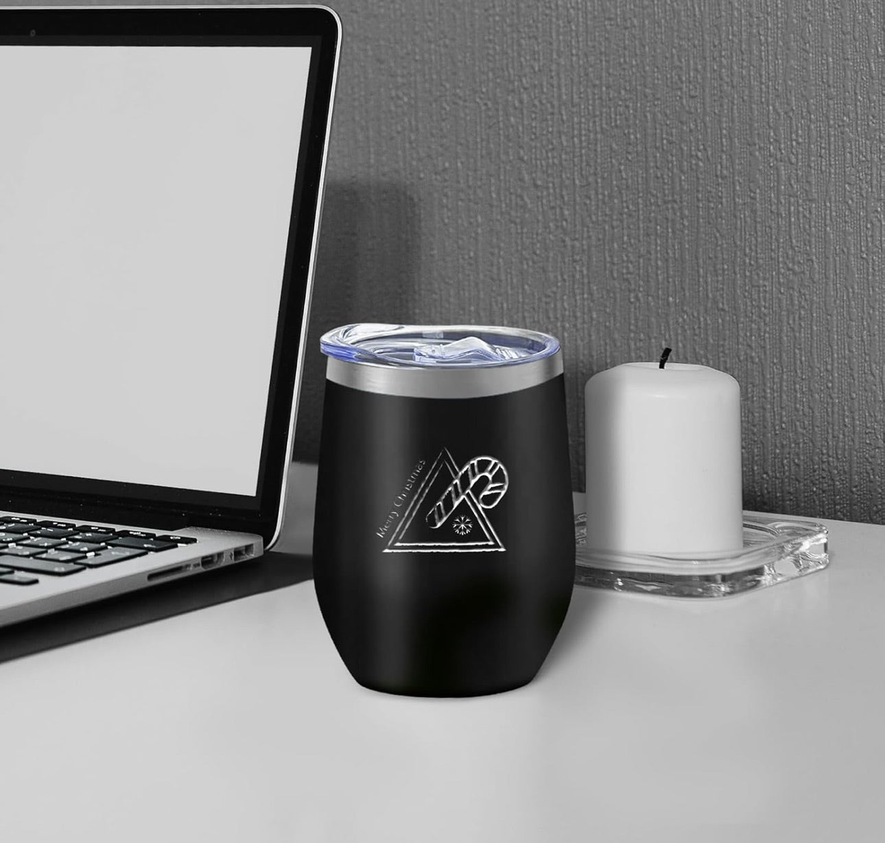 Black Stainless Steel Wine Tumbler with lid, 12oz Insulated Powder Coated Wine Tumbler Stemless Double Wall Vacuum Wine Glass Coffee Tumbler for Laser Engrave