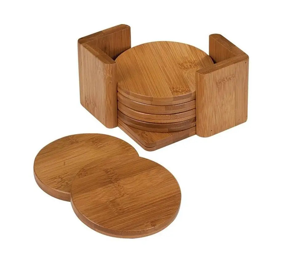 Personalized 4pcs Rustic Bamboo Coasters w/Holder | Round and Square