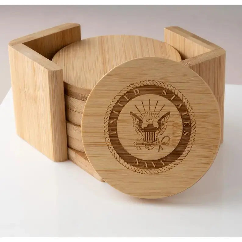 Personalized 4pcs Rustic Bamboo Coasters w/Holder | Round and Square