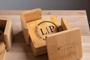 H9c8b70d1987546b28c403a66024974d5X 6pcs Rustic Square Bamboo Coasters Set with Holder | Eco-Friendly Wedding & Table Gift