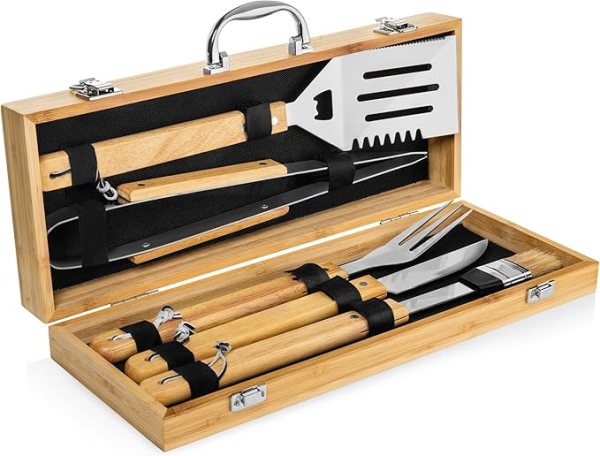 Grill Set 4 BBQ Tool Set with Bamboo Box | Wooden Grill Utensil Kit