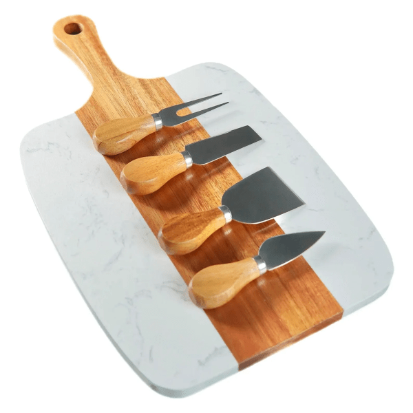 Wood and Marble Cutting Board and Utensils 1 Engraved Marble & Acacia Wood Charcuterie Board Set with Cheese Knives | Cutting Board & Gift Set for Home, Kitchen, and Entertaining