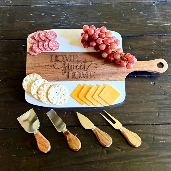 Wood and Marble Cutting Board and Utensils Main 1 Engraved Marble & Acacia Wood Charcuterie Board Set with Cheese Knives | Cutting Board & Gift Set for Home, Kitchen, and Entertaining